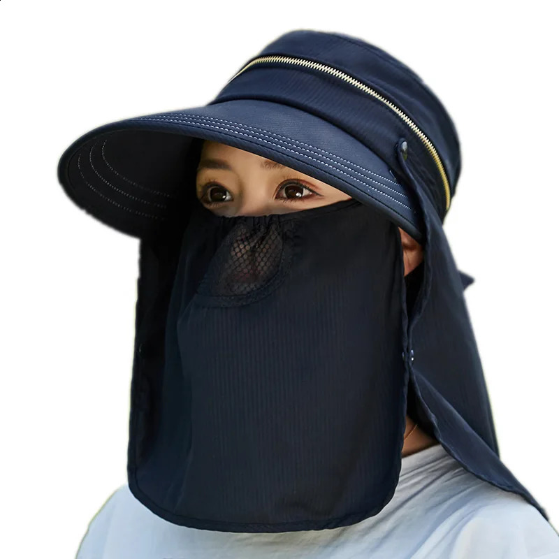 Women Outdoor Riding Anti-UV Sun Hat Foldable Big Brim Hats Neck Face Protection Detachable Mask Sunscreen Breathable Beach Caps 250424
