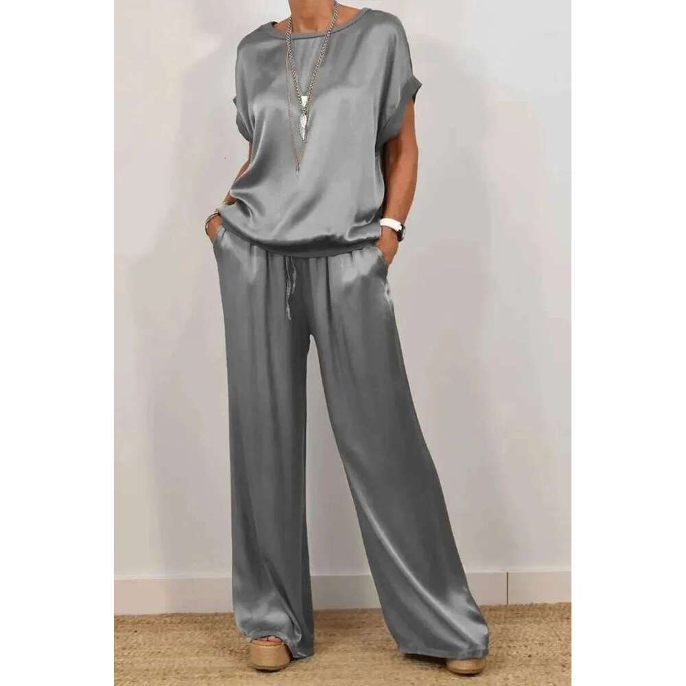 Spring Summer Fashion Smooth Satin Two Piece Sets Women's Outfits New O-Neck Short Sleeve Top Wide Leg Pant Casual Loose Suits