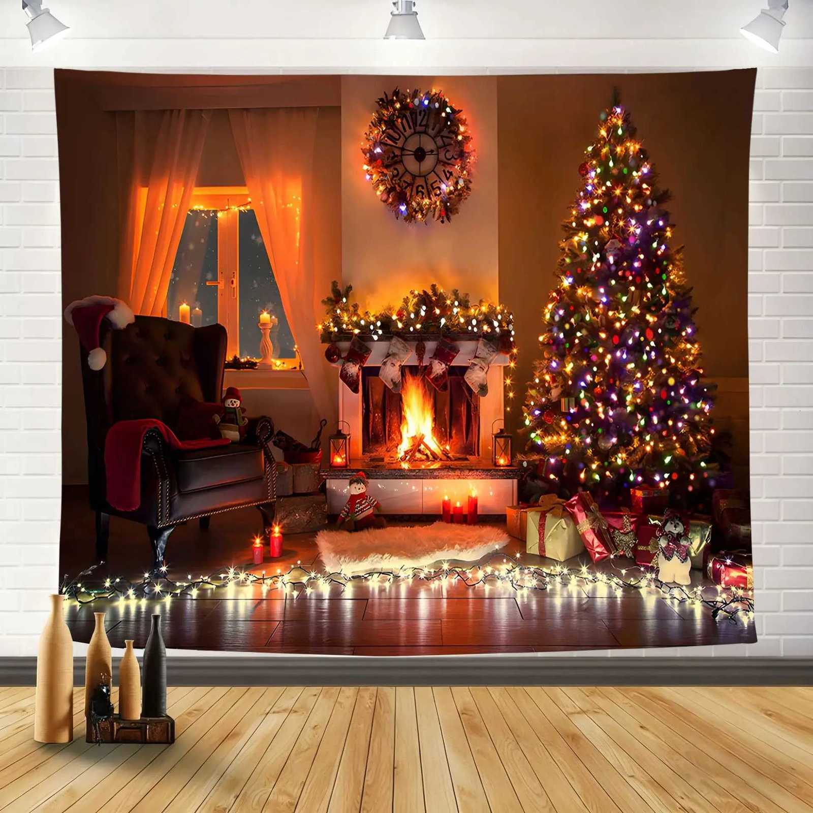 Christmas Decoration Tapestry Tree and Fireplace Scene Hanging Cloth for Holiday Decorations Living Room New Year Home DecorM251125