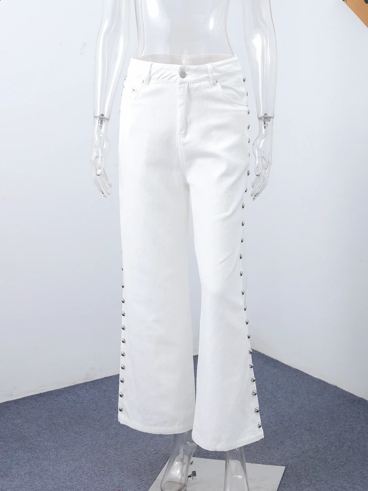 Fashionable womens side pearl decorated denim jeans high waist wide leg pants 2025 trend streetwear mens style 250417