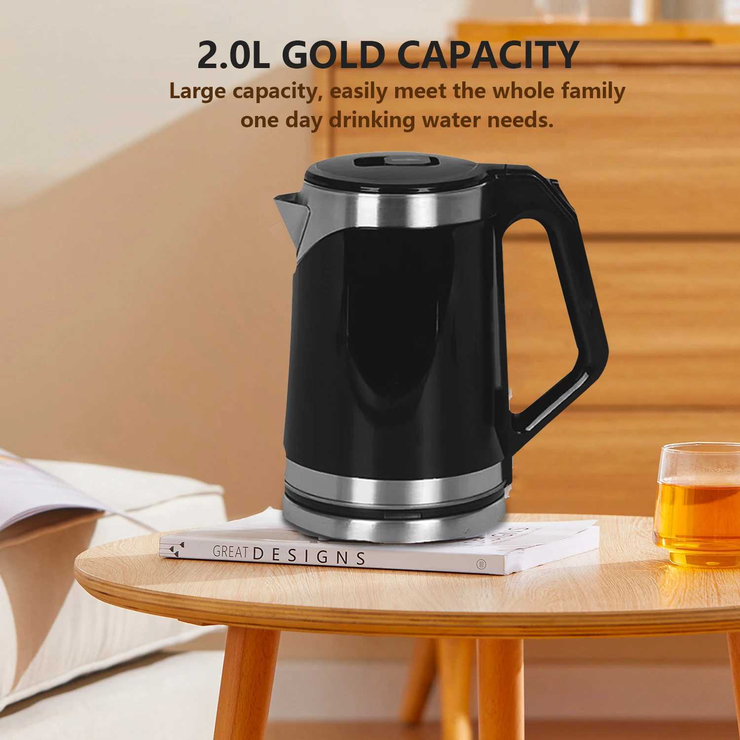 Electric Kettle Stainless Steel Inner Lid Water Heater Teapot Automatic Shut Off 2L 1500W-1700W Power EU Plug C251125