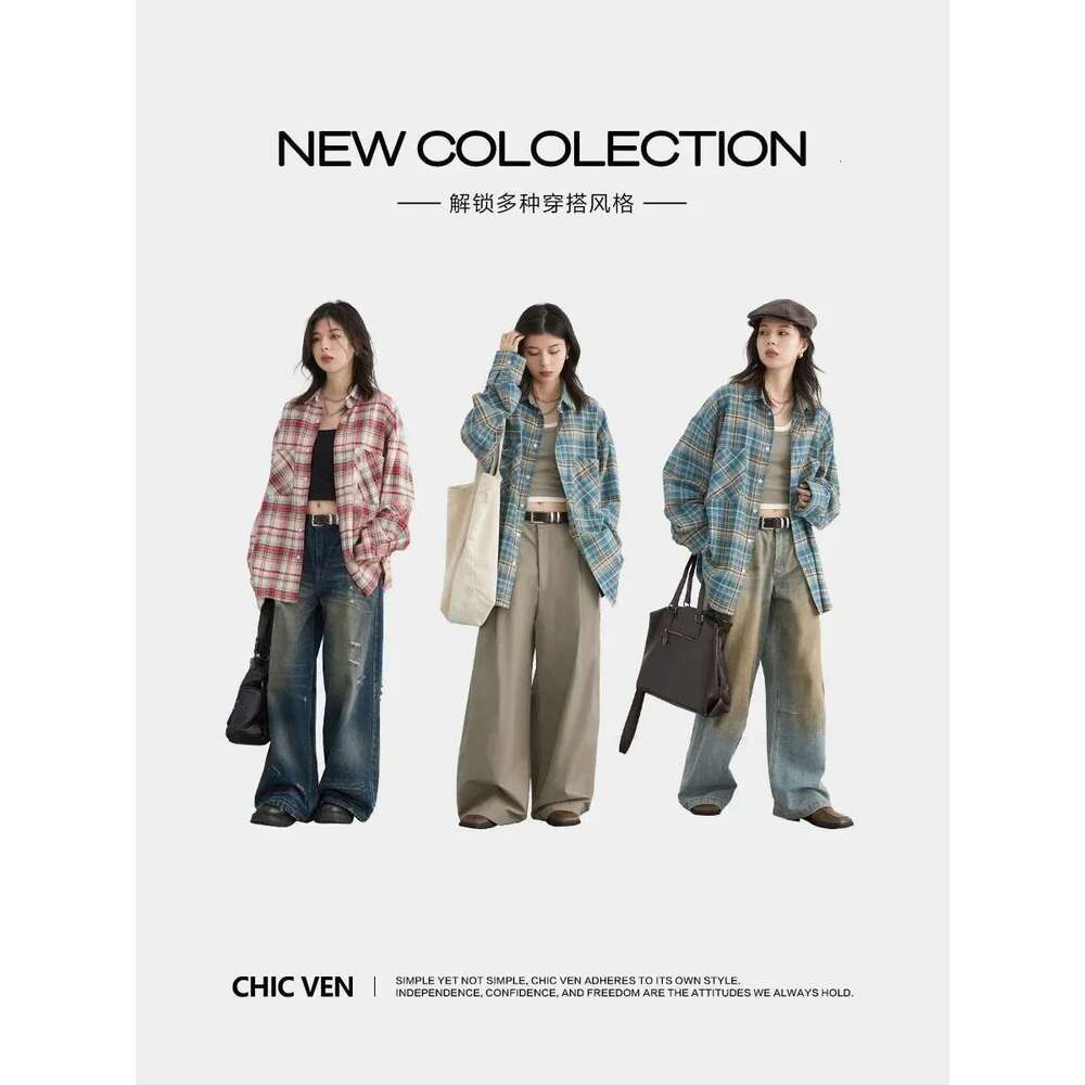 CHIC VEN Women's Cotton Shirt Single Breasted Loose New Retro Color Blocked Grid Female Blouses Autumn Spring 2024