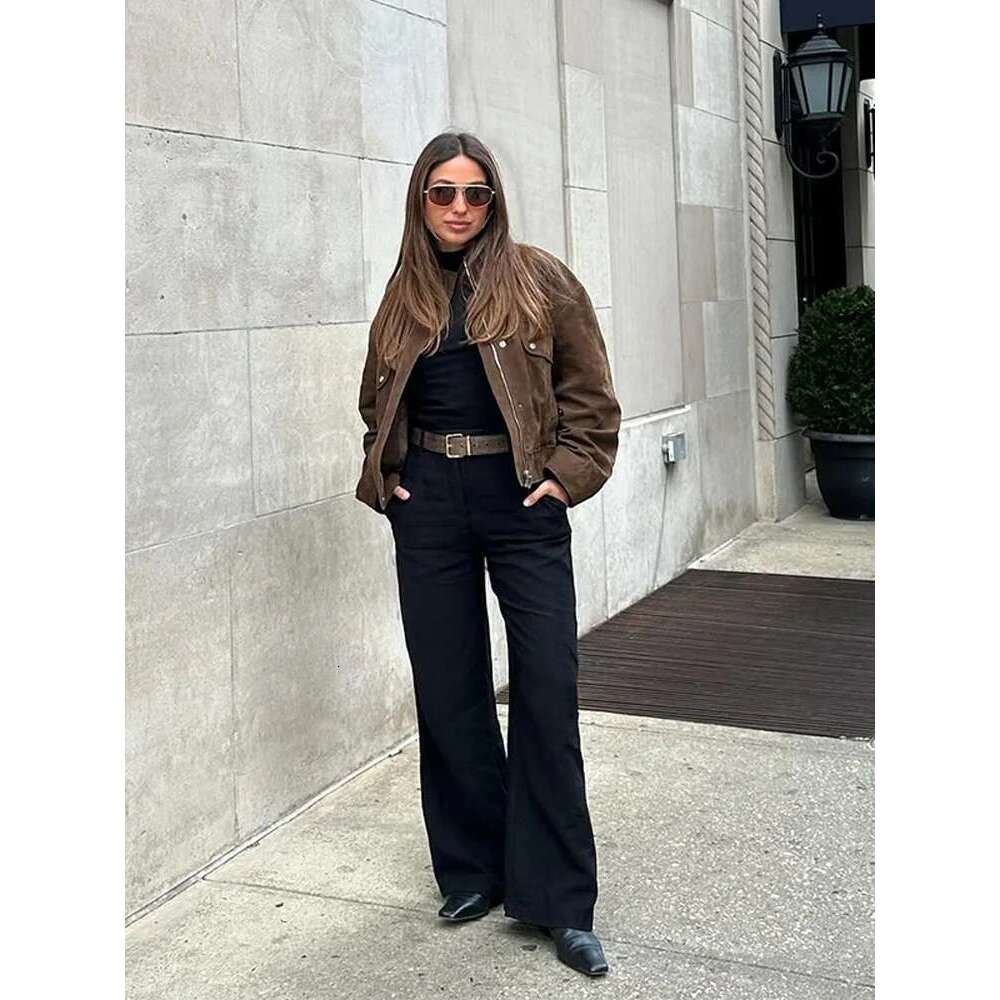 Designer Clothes Brown Suede Jacket Women Vintage Zipper Long Sleeve Pockets Stand Collar Bomber Coat Lady 2025 Spring New Fashion Streetwear Top