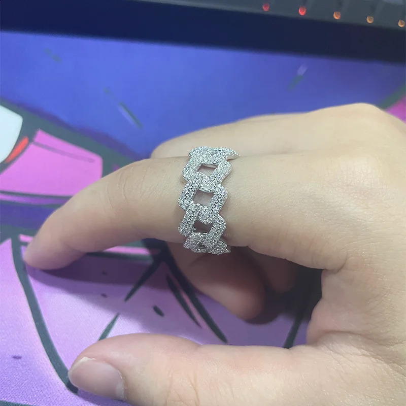 S925 Silver Cuban link hiphop Ring 1CT D VVS1 Certified Hip Hop Style Jewelry Personalized rings Valentines Day Gift 250425