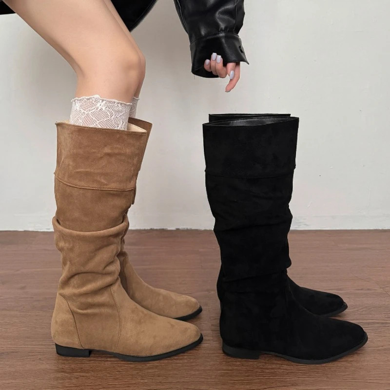 Vintage Pleated Women Knee High Boots Fashion Low Heels Pointed Toe Shoes Autumn Winter Slip On Modern Long Botas Para Mujer 251121