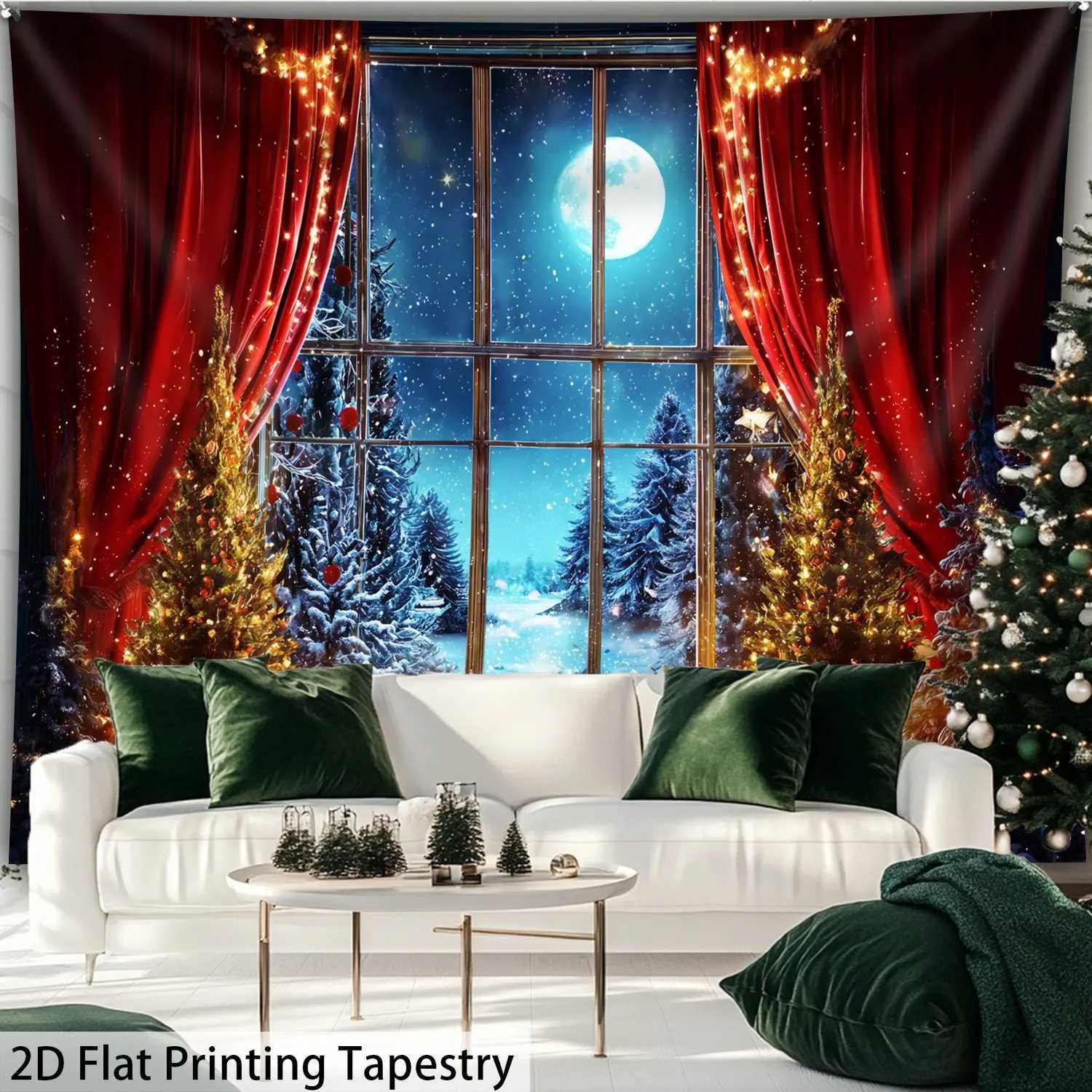 Winter Snow Window Tapestry Red Gold Christmas Tree with Twinkling LightsFestive Wall Art for Bay Window and Living Room DecorM251125