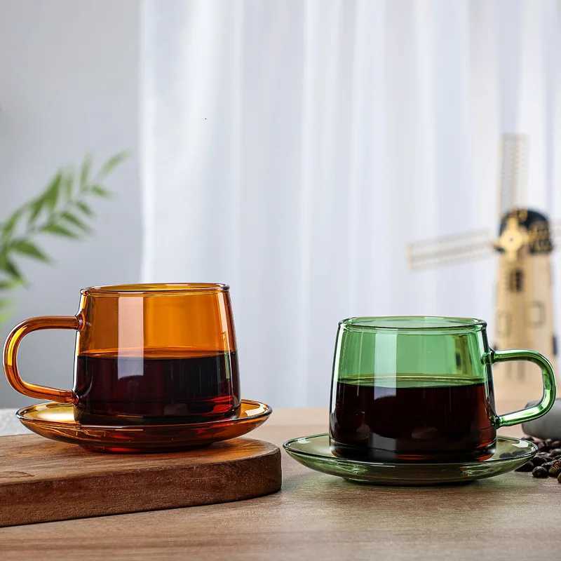 Colored Glass Mug Cup 350ml 250ml Heat Resistant Amber Blue Green Stackable Glass Cup Coffee Tea Cup Coaster Available 1PC Y251125