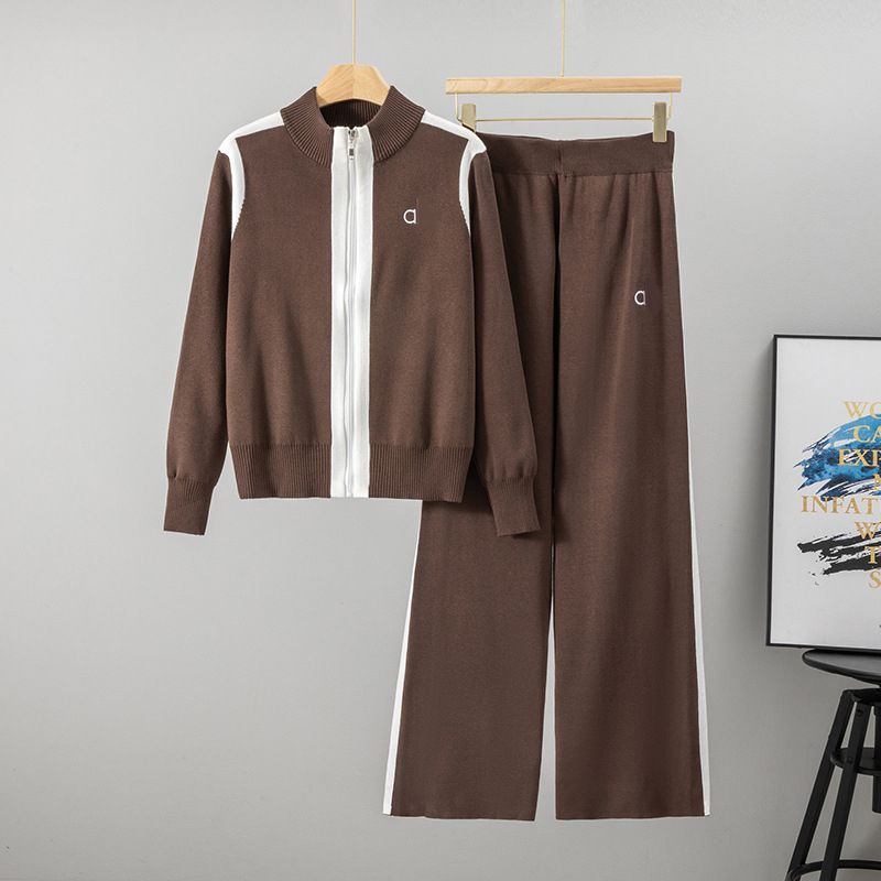 Top1 Women Tracksuit Cardigan Set Versatile Coat Elastic Straight Pants sale Stand Collar Zipper Casual Knitted Suit for