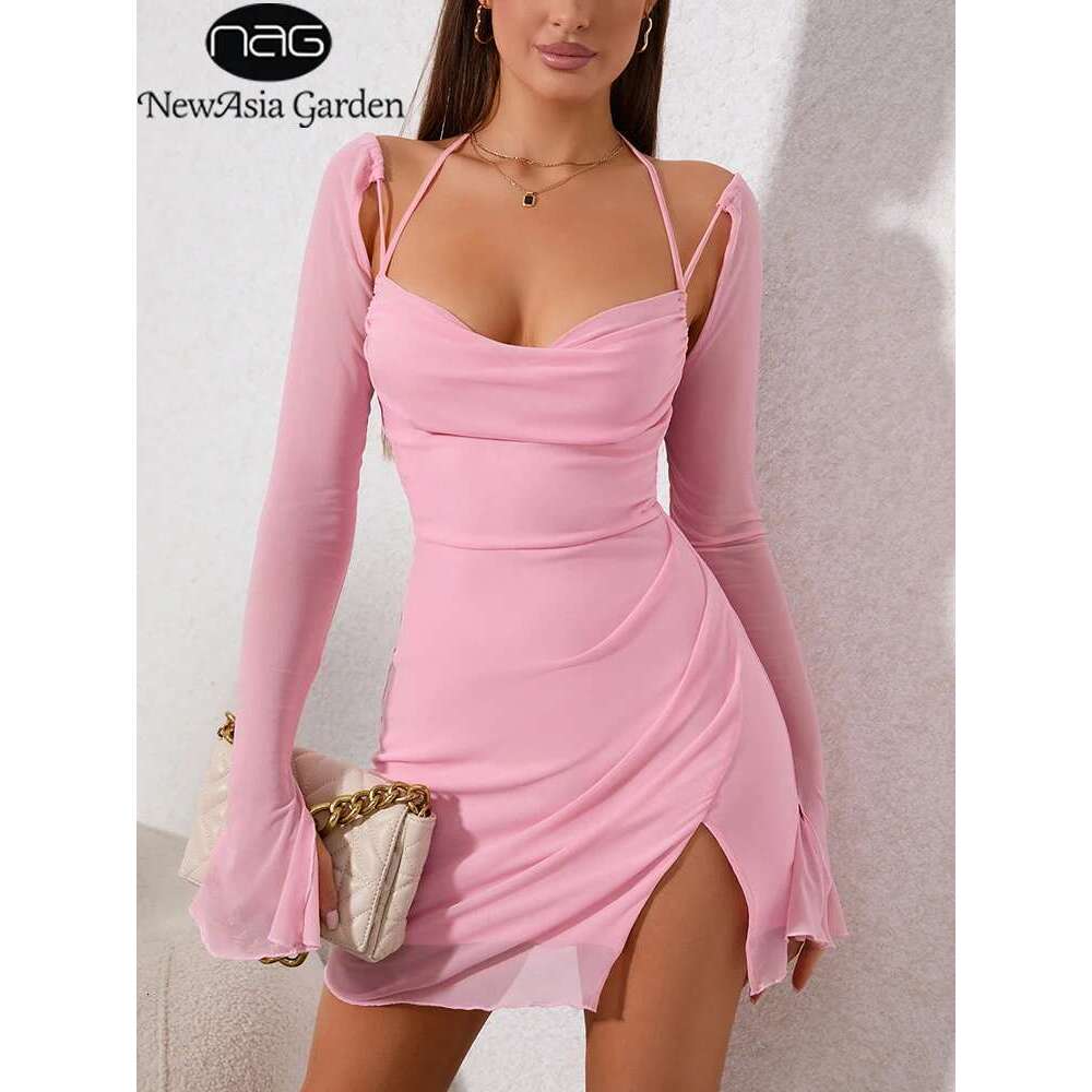 Designer Clothes Newasia Halter Flounce Sleeves Mesh Pink Dress Women Sexy Solid Backless Bandage Mini Vestido Summer Vacation Party Club
