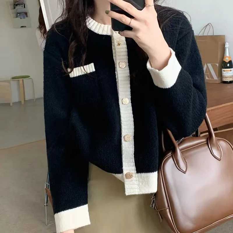 Korean O Neck Contrasting Color Womens Small Fragrance Style Knitted Cardigan Autumn Fashion Short Elegant Sweater Cardigan NewT251125