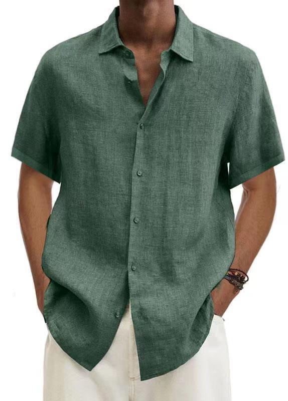 2022 summer V-neck button cotton hemp solid mens fashion shirt men