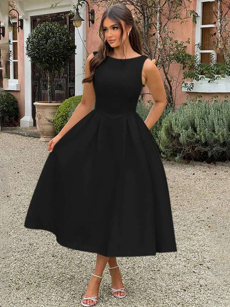 Dongdumaoyi Townlike Pleated Waist Wrap A Line Dress Women Elegant Midi Long Summer Backless Nightclub Sexy Party Dresses