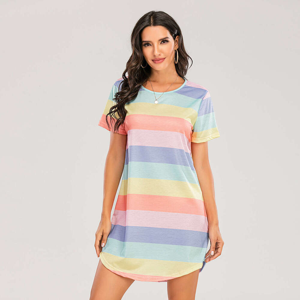 European American spring and summer short sleeved rainbow striped loose T-shirt pama dress plus size 2025 new casual versatile fashion clothing