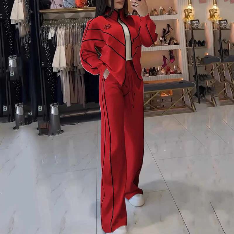 Spring Autumn Two-Piece Women Stand-Up Collar Long Sleeve Zipper Coat+High Waist Lace Up Straight Wide Leg Pants Set Outfits