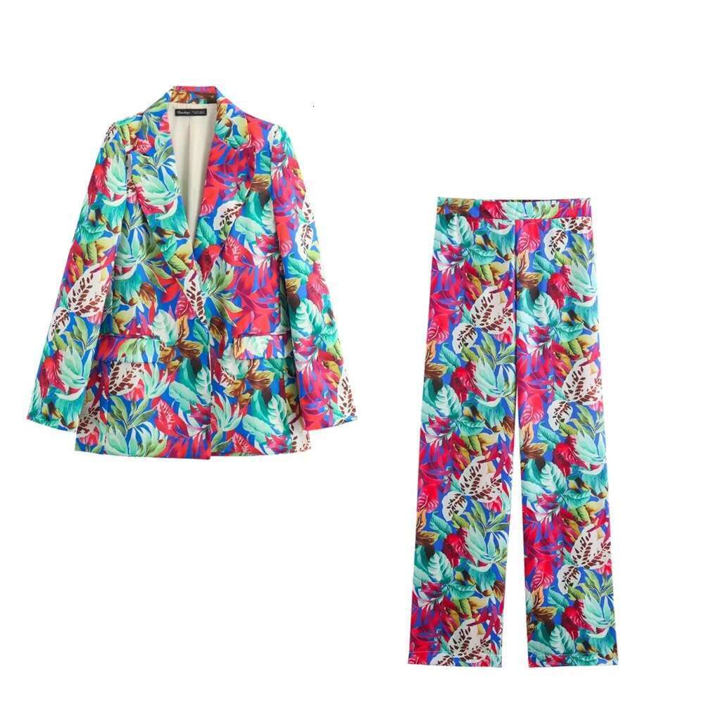 Kar&Otza 2024 New Women's Fashion Long Sleeved Satin Printed Suit Jacket Casual Straight Leg Pants Two-Piece Set