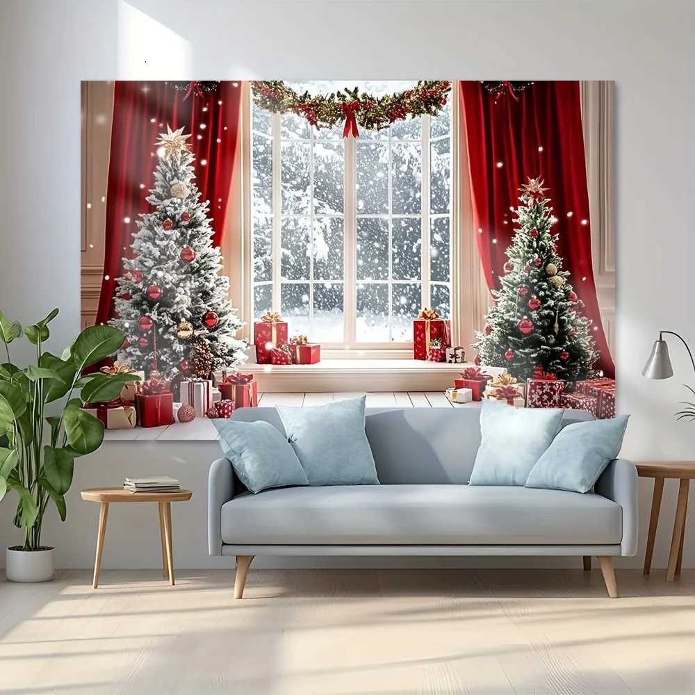 tapestry Large Wall Mural Winter Christmas Tree Snowy Window Scene with Red Curtains - 2D Flat Printing HolidayM251125