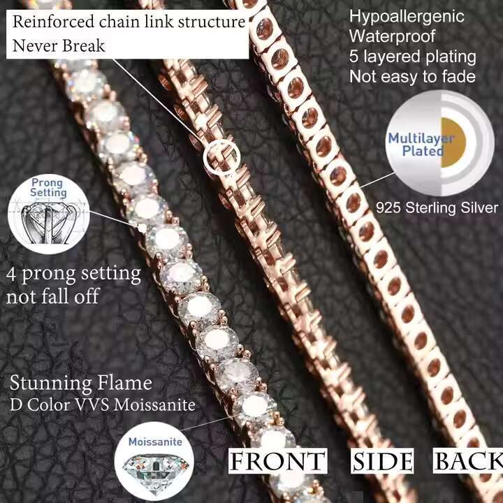 Hip Hop Fine Jewelry White Gold 925 Sterling Silver VVS Moissanite Diamond Cluster Tennis Chain Bracelet Necklace for Men Women