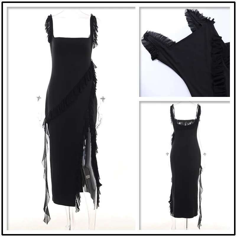 Dongdumaoyi Townlike Ruffles Elegant Long Maxi Dress Women Summer High Split Spaghetti Strap V Neck Nightclub Sexy Party Dresses