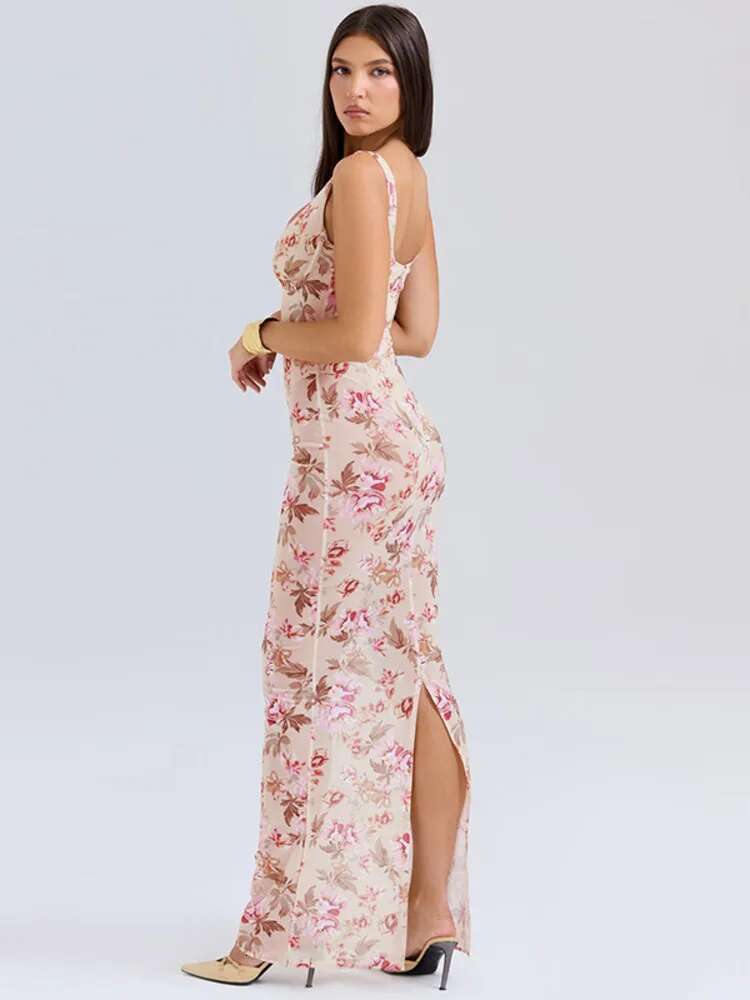 Dongdumaoyi Townlike Floral Print Slim Bodycon Dress Women Spaghetti Strap Summer Maxi Long Backless Nightclub Sexy Party Dresses