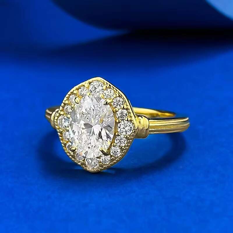 High Quality 1.5ct D Color Oval Cut Moissanite 925 Sterling Silver Womens Wedding Ring with 18K Gold Plating