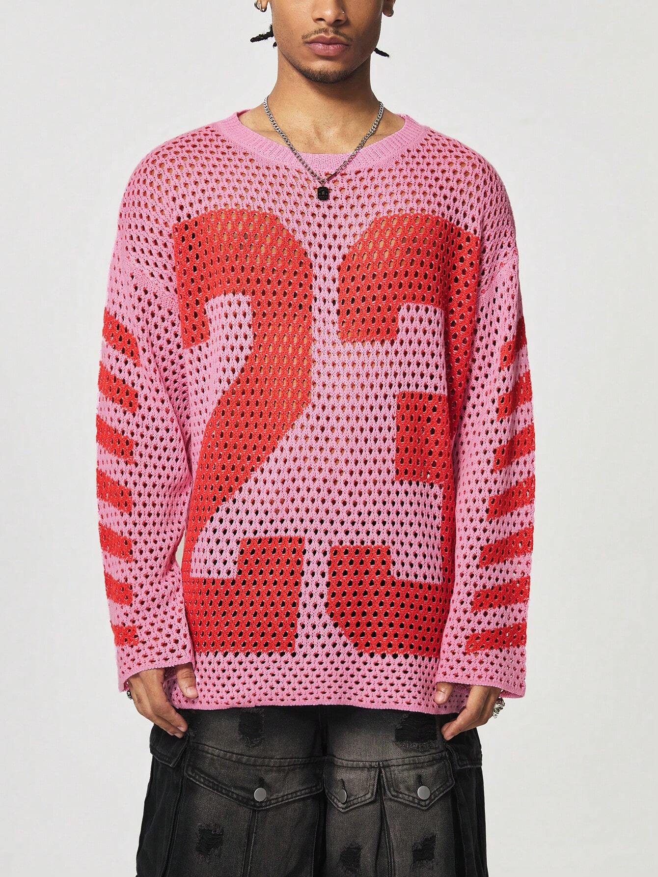 Men's Number Pattern Hollow Breathable Long Sleeve Knitted Sweater, School