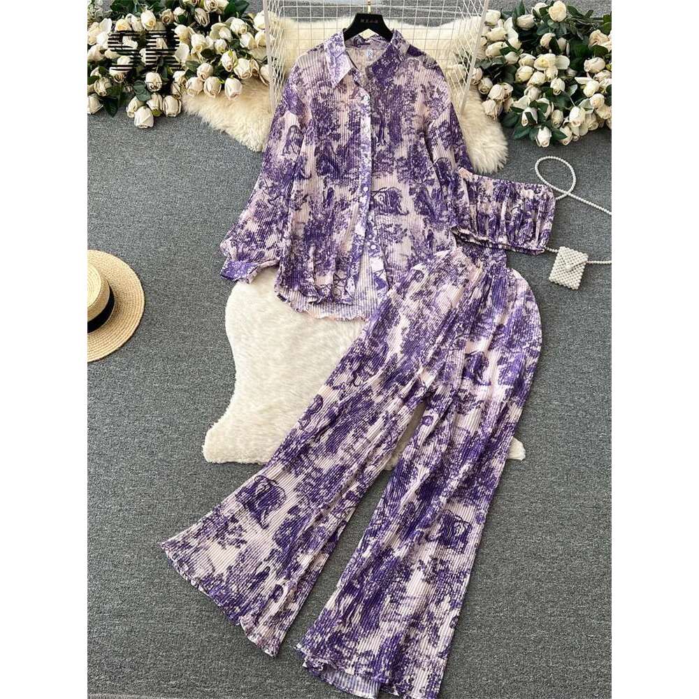 SINGREINY Pleated Three Piece Sets Women Long Sleeve Cardigan Strapless Slash Neck Crop Top Elastic Waist Wide Leg Pants Suit