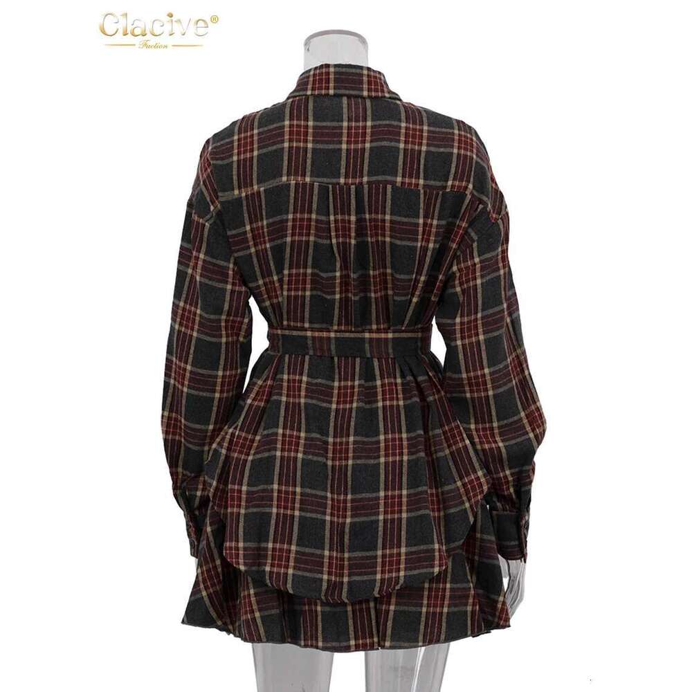 Clacive Fashion Loose Plaid 2 Piece Sets Women Outfit 2025 Elegant Long Sleeve Shirt With High Waist Mini Skirt Set Female