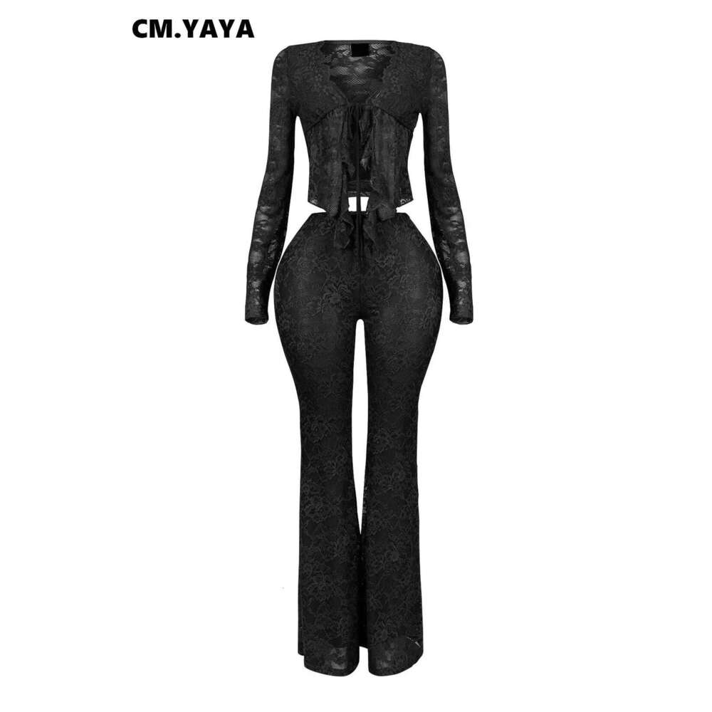 Cm.Yaya 2025 Women's Set Sleeve Lace See Through Shirt + Long Pants Street Evening Sexy Two 2Piece Sets Outfits Tracksuit