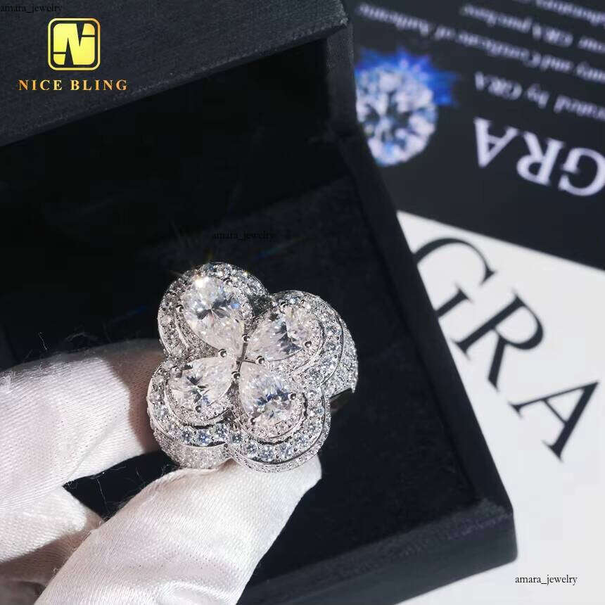 VVS Moissanite Dashi Hui Shi Champion Flower Design Clover Pear Popular Product 2025 925 Ring Men's Hip Hop Boutique Jewelry