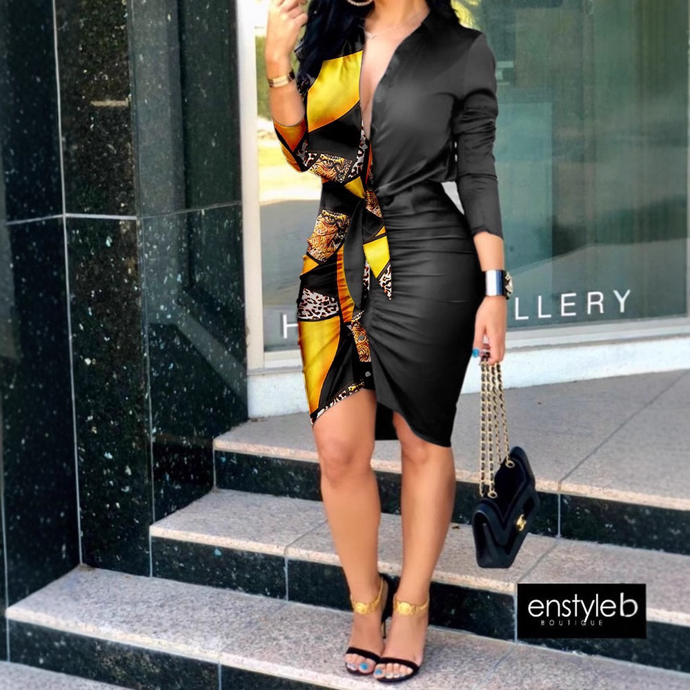 2021 summer V-neck lace up solid long sleeve medium length shirt dress for women