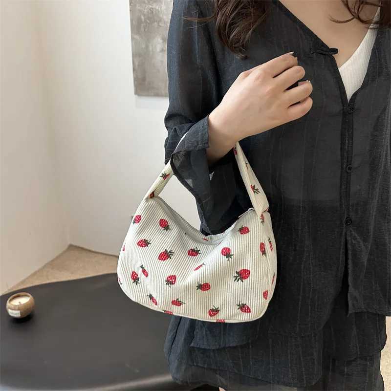 Women Small Corduroy Handbag Cute Strawberry Print Little Tote Underarm Bag Half Moon Design Eco Cloth Purse Mini Shoulder Bags XJ250610
