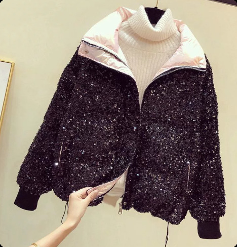 Sparkly Womens Sequin Puffer Jacket Oversize Cropped Stand Collar ZipUp Party Coat Fashion High Street Female Winter Outerwear 251031