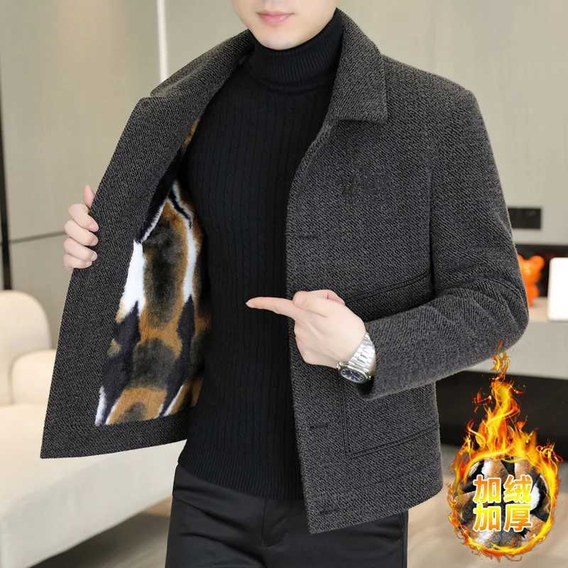 Autumn Winter Plus Velvet Thick Woolen Jacket Mens Fashion Warm Casual Woolen Blended Jacket Streetwear Overcoat Men ClothingT251125