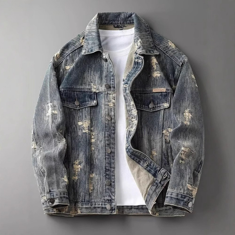 American Style Trendy Jacquard Denim Jacket for Men Spring and Autumn New High Street Stylish Loose Straight Jeans Set 250902