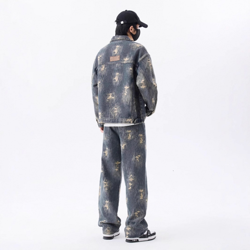 American Style Trendy Jacquard Denim Jacket for Men Spring and Autumn New High Street Stylish Loose Straight Jeans Set 250902