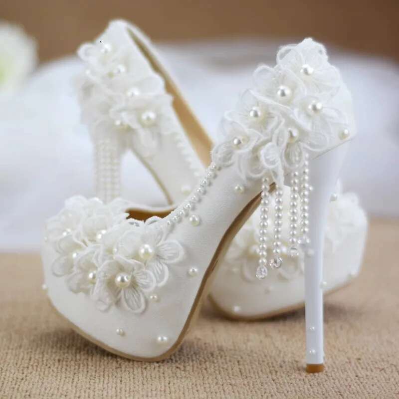 Spring round head cloth pearl tassel lace flower wedding fine high-heeled waterproof table dress large size women's shoes