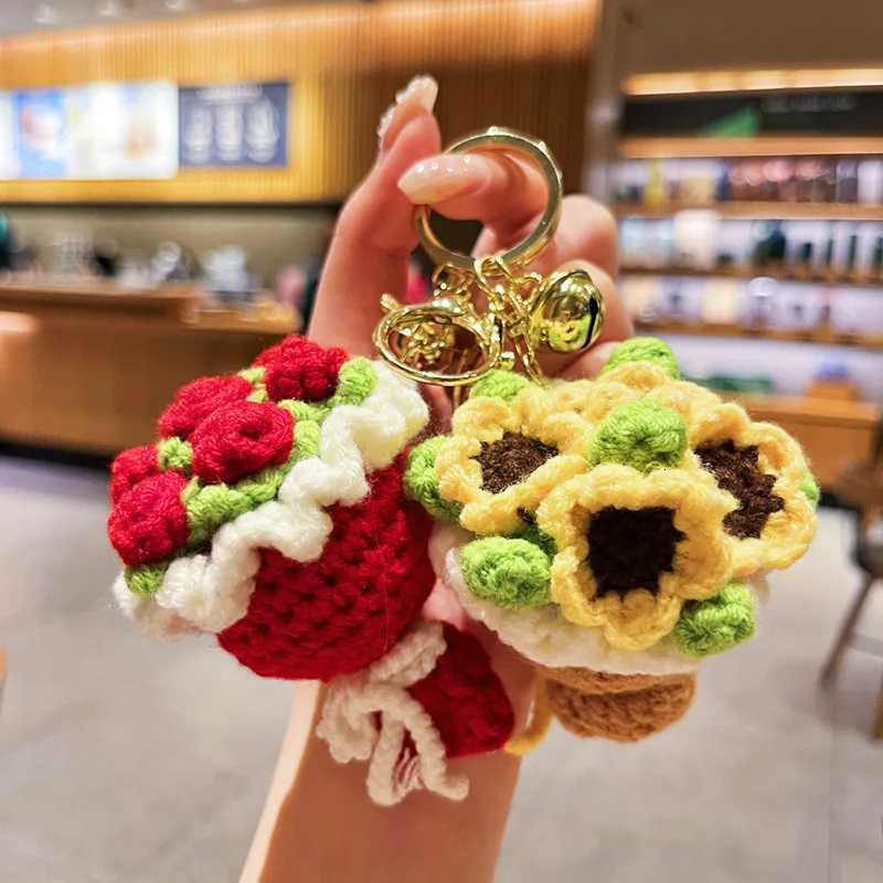 Cute Crochet Bouquet Keychain Mini Hand-knitted Flower Keychain Ring Car Bag Hanging Pendant Ornament Lover Valentines Day giftXJ251125