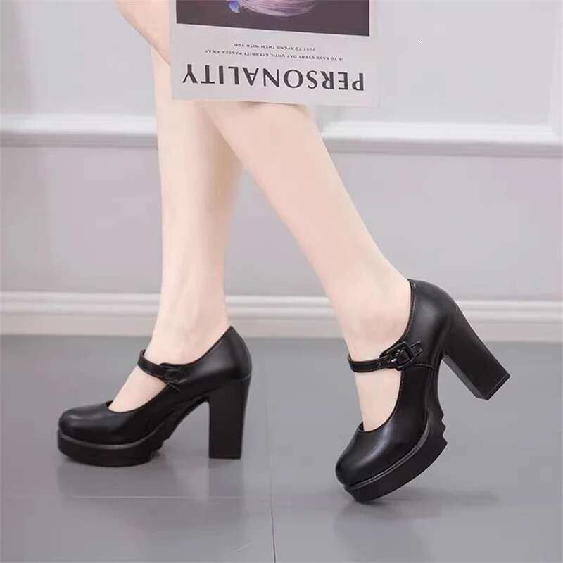 Spring new round toe shallow leather waterproof platform square heel high-heeled banquet dress large-size women's shoes