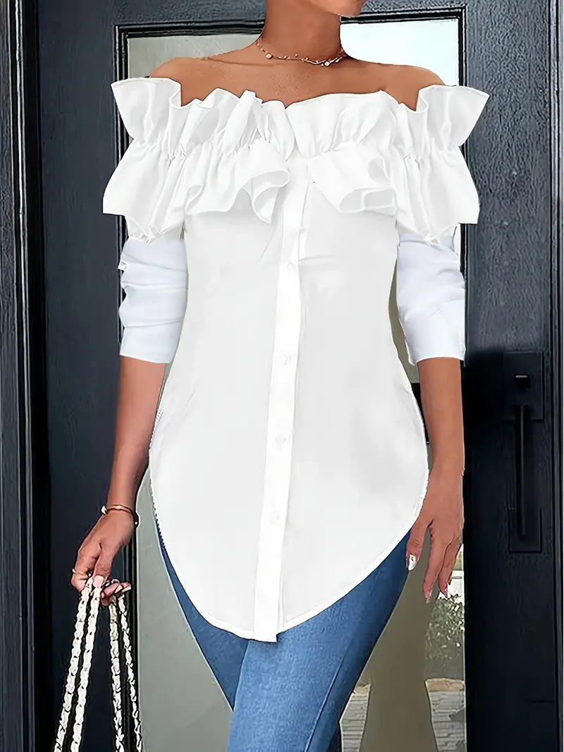 2024 autumn simple solid color one shoulder lotus leaf edge shirt top for women