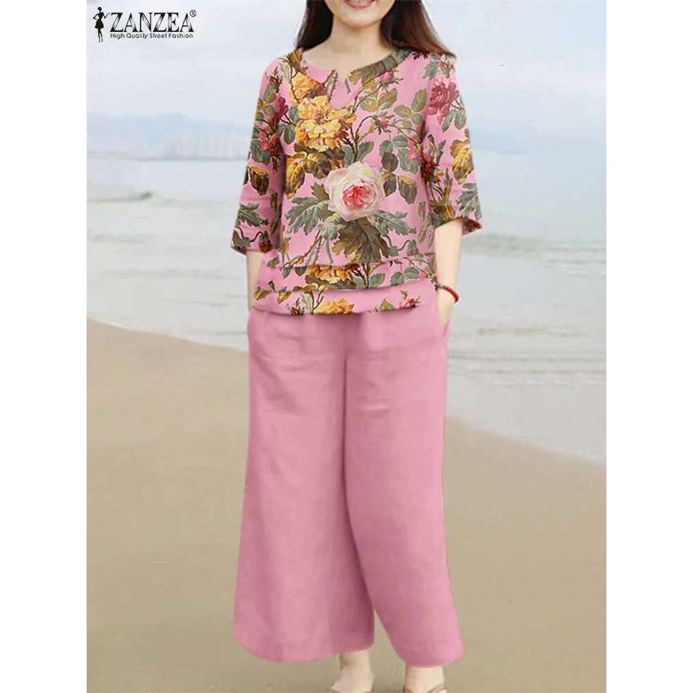 2024 ZANZEA Women Top 2Pcs Outifits Casual Holiday Solid Wide Leg Trouser Suits 2 Piece Set Floral Print Blouses Pant Sets