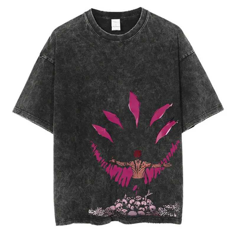 Anime washing T-shirt Harajuku summer 100% pure cotton short sleeved oversized T-shirt retro streetwear T-shirt W250425
