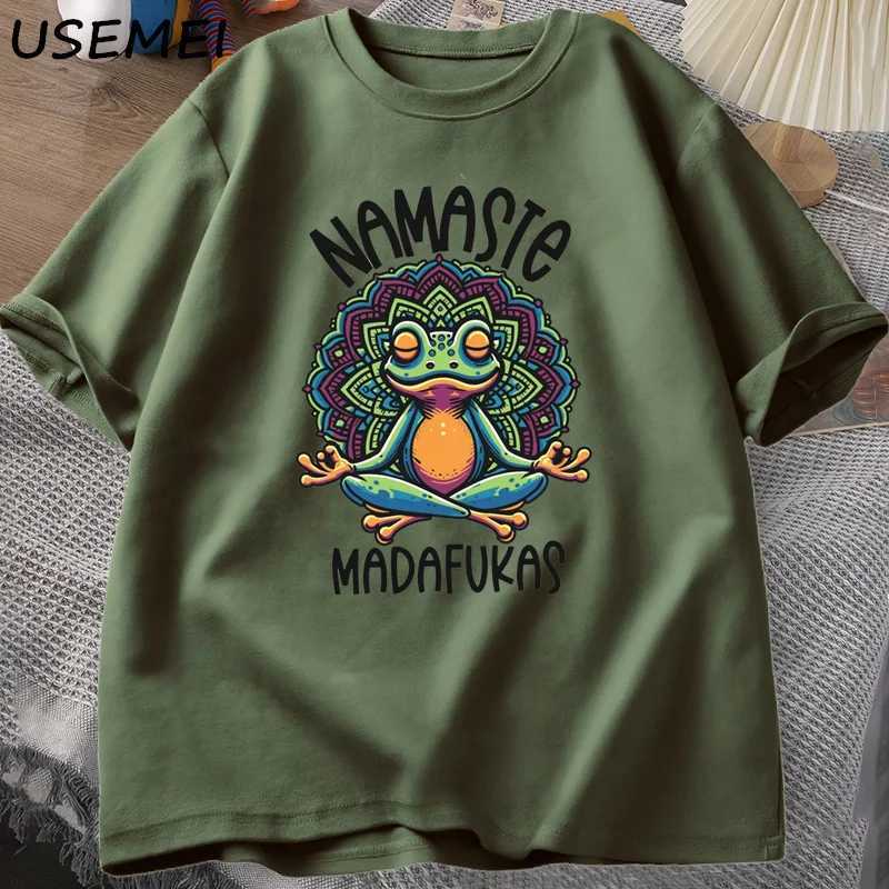 Interesting Yoga T-shirt Frog Self Care T-shirt Cotton Short Sleeve Front Cottagecore Namaste Tee Mens Street Clothing W250425