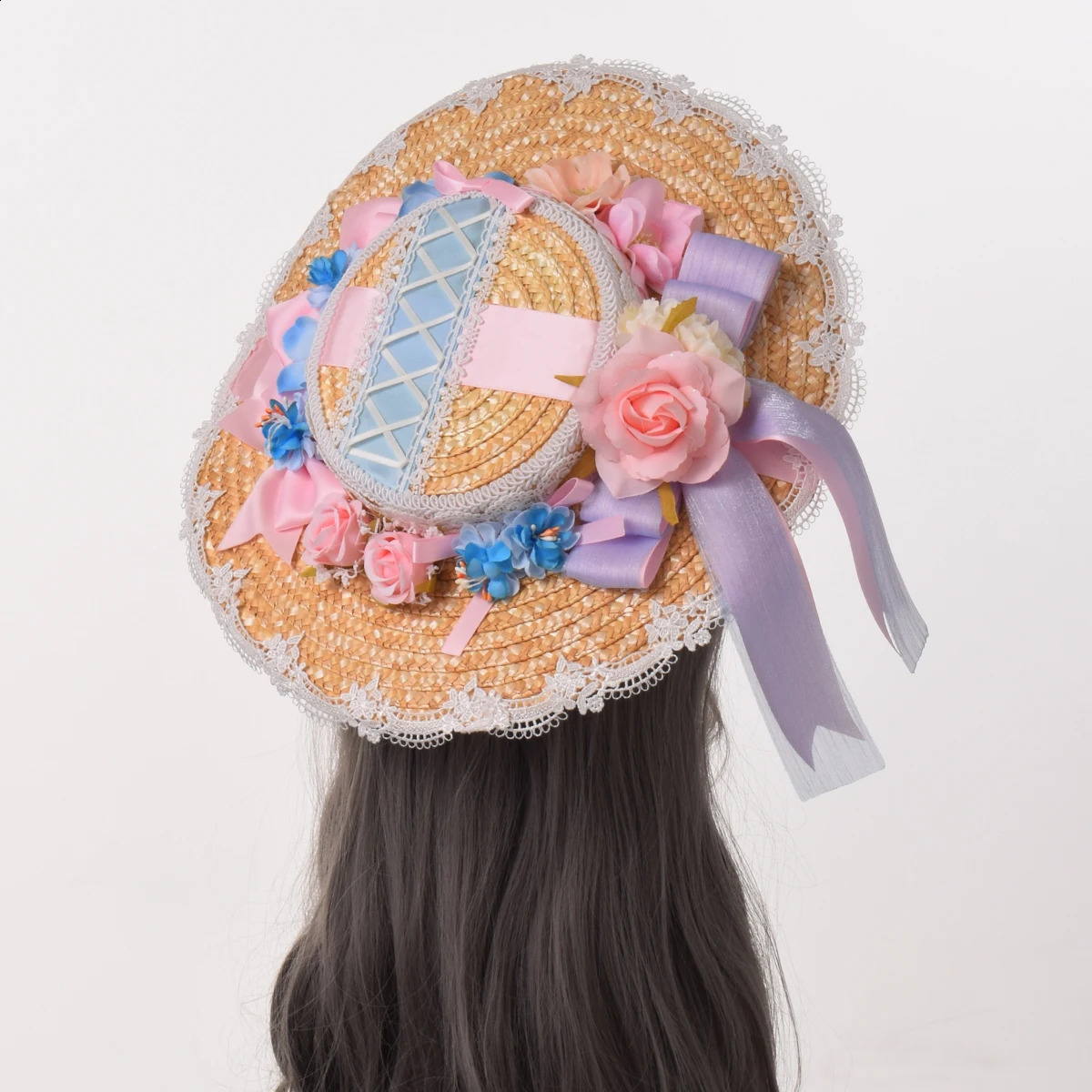 Lolita Straw Hat Women Girl Victorian Pastoral Style Lace Bonnet Hat for Costume Tea Party Flat Cap 250420