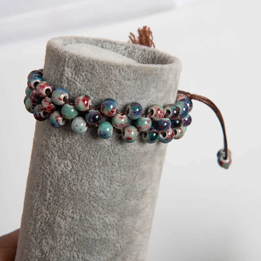 Handmade Wine Red Ceramic Beaded Bracelet with Tassel Adjustable Wide Braided Rope Vintage Chinese Style S03-119 J251125