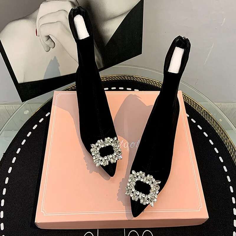 Ankle Women Shoes Woman Fashion High-Heeled Pointed Flock Spring Autumn Rhinestone Short Boots