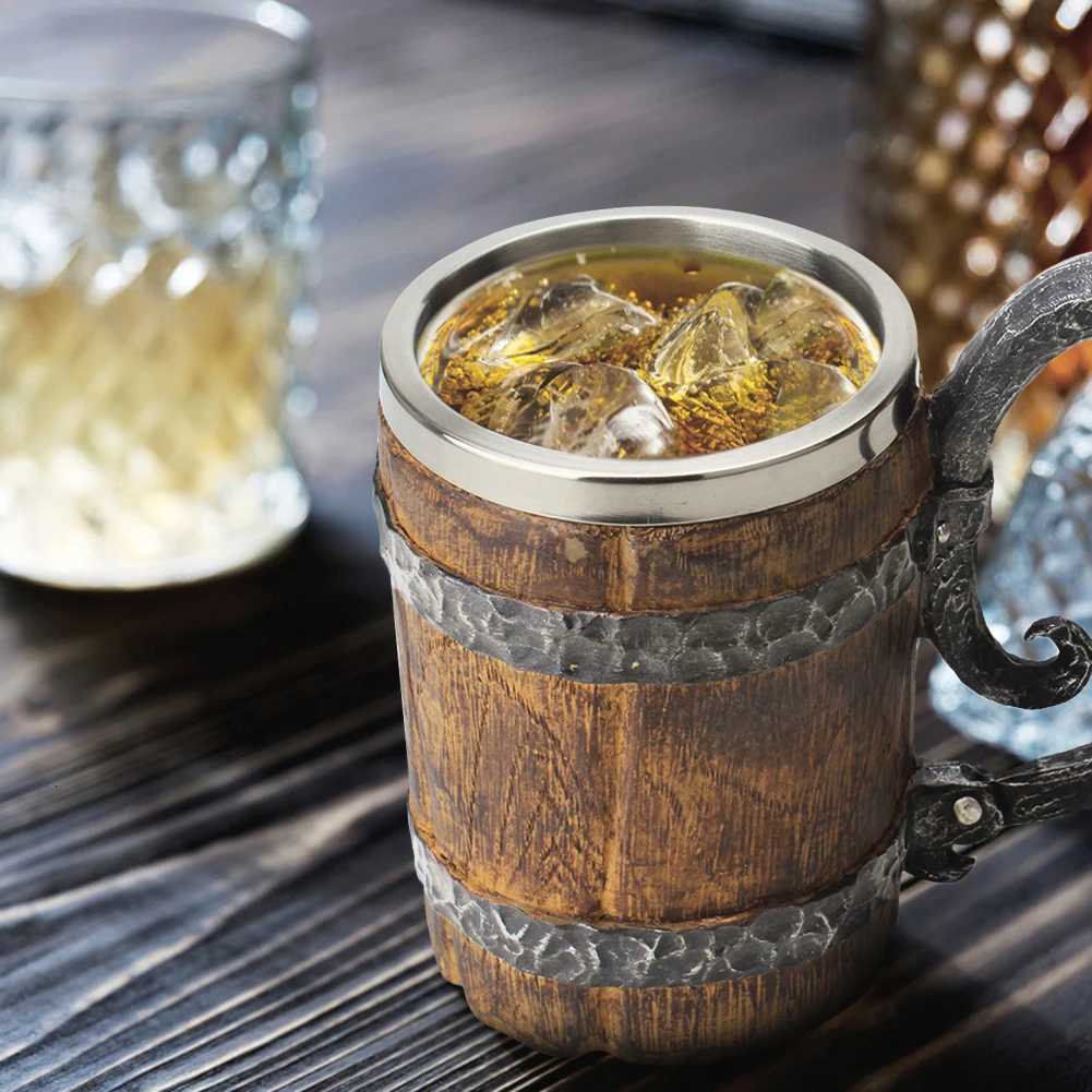 Viking Wood Style Beer Mug Simulation Wooden Barrel Beer Cup Double Wall Stainless Steel Insulated Drinking Coffee Mug Tea Cups Y251125