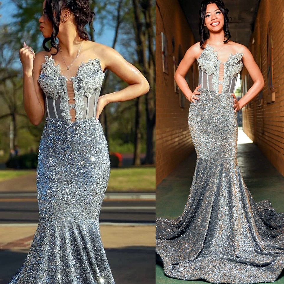 Silver Mermaid Plus Size Prom Dresses 2025 Sequined Crystals Simple Evening Formal Party Second Birthday Engagement Gowns Dress For Special Occasions