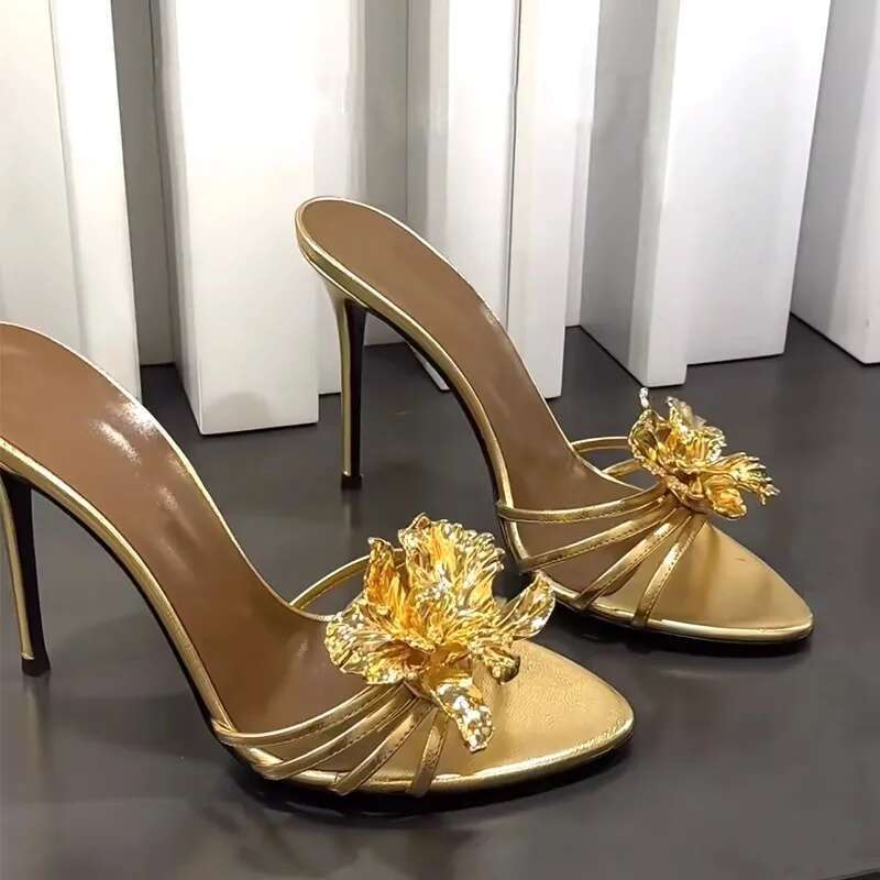 Summer new patent leather metal petals belt sexy pointed fashion slippers thin high-heeled dress large size women's sandals