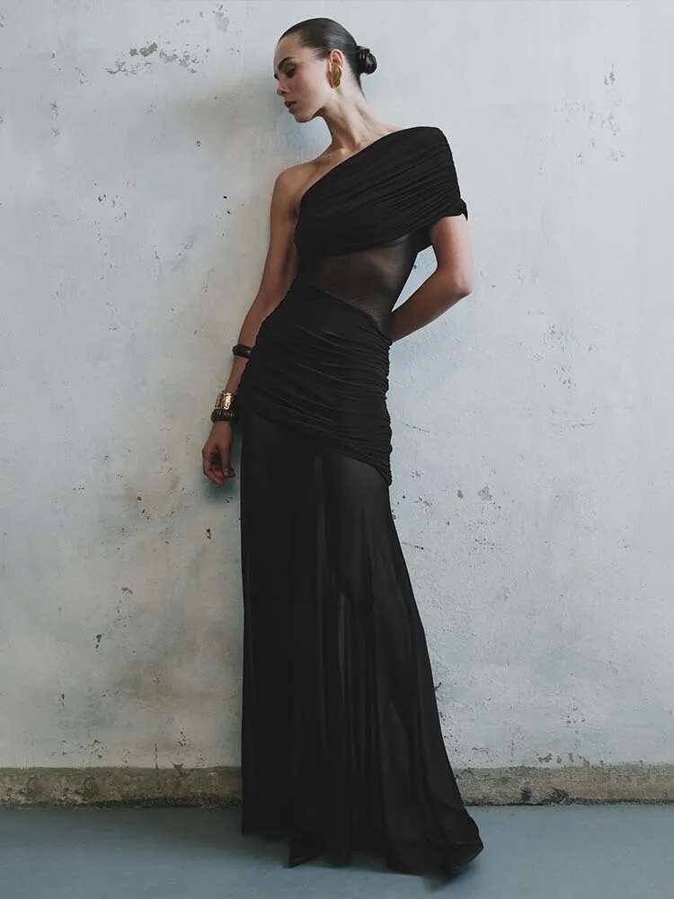 Dongdumaoyi Townlike Perspective Mesh Pleated Sexy Party Dress Women One Shoulder Spring Summer Maxi Long Slim Bodycon Dresses