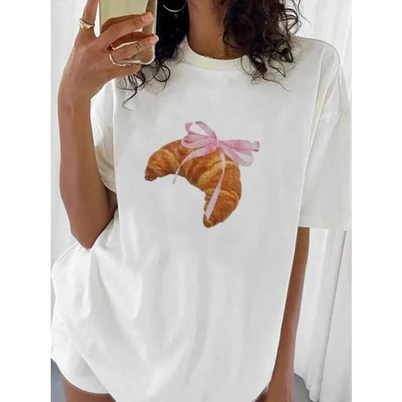 Dongdumaoyi Pink Ribbon Bow Print Cute Croissant Baby Comfortable T Shirt Women S Fashion Casual Black Top